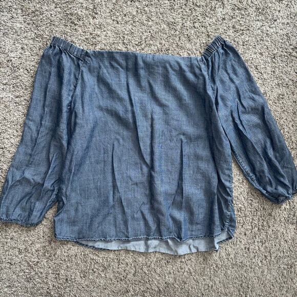 Chico's Womens Off The Shoulder Chambray Linen Blend Top 3/4 Slv Size 3 Blue - Picture 3 of 6